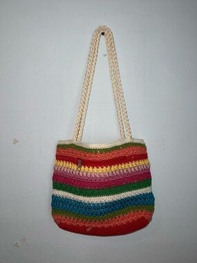 Lina Crochet Purse Handbag Rainbow Stripe Flower Embellished Knit Shoulder Bag